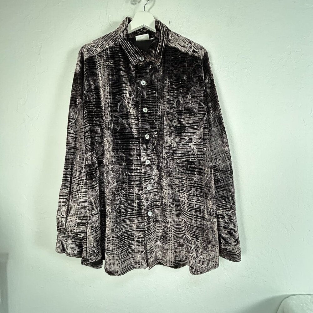 Chico's Design Womens Velvet Long Sleeve Button Up Shirt Size 3 Geometric Flower